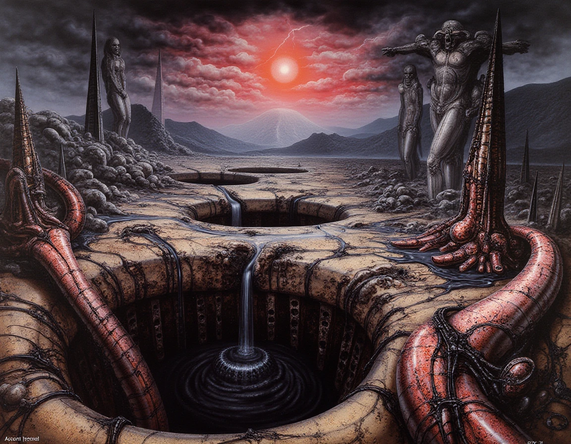 Highly detailed landscape traditional painting by H.R. Giger of an alien planet that merges biomechanical and organic horror in a nightmarish, surreal style. The landscape is dominated by a low, suffocating horizon where the sky feels like a pulsating membrane, with dark red and purple veins snaking through sickly grey clouds. In the foreground, twisted sinewy tendrils resembling exposed nerves and decaying vines emerge from the ground, gleaming with a slick, oily sheen as if coated in bodily fluids. Gaping craters pockmark the earth, oozing dark, viscous liquids, as if the planet itself is rotting. Towering, grotesque structures rise from the land, formed of bone-like spires and fused with metal, resembling ribcages and malformed human figures. These structures drip with black, oily fluids, blending body and architecture into one horrific form. In the distance, an alien cityscape looms, with sharp, jagged obelisks and twisted spires, riddled with biomechanical detail—sharp edges blending with disturbingly sensual curves.

Pools of thick, amniotic-like fluid dot the landscape, their dark surfaces rippling with hidden, unseen movements beneath. Nearby caverns gape open, their walls lined with fleshy, pulsating forms, slick with a viscous secretion, resembling distorted, organic orifices that evoke a sense of claustrophobic dread. Jagged, spine-like mountains rise in the distance, their barbed peaks stretching into the sky, which crackles with web-like lightning, illuminating grotesque, distant shapes of twisted bodies fused with the landscape. The overall atmosphere is one of existential dread, where the lines between flesh, metal, and earth are grotesquely merged, evoking both horror and dark, surreal beauty.