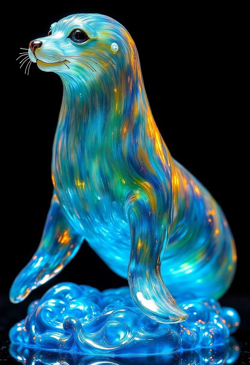 A vibrant, glass statue of a seal, expertly crafted with lifelike details. The translucent glass captures the playful elegance of the seal, with its smooth, streamlined body shimmering in shades of deep ocean blue, turquoise, and hints of emerald green. Intricate etchings along the surface depict the fine textures of the seal's fur, while the glass itself has a slight iridescent quality, reflecting light in brilliant hues. The seal's eyes are crafted from darker glass, adding depth and a sense of curiosity. Its flippers and whiskers are carefully detailed, and the statue sits atop a base that mimics gentle waves, also made of swirling, multicolored glass. The statue is illuminated from below, casting dazzling reflections that dance across the surface, giving the seal a lifelike, almost magical presence as if it’s ready to come to life at any moment.