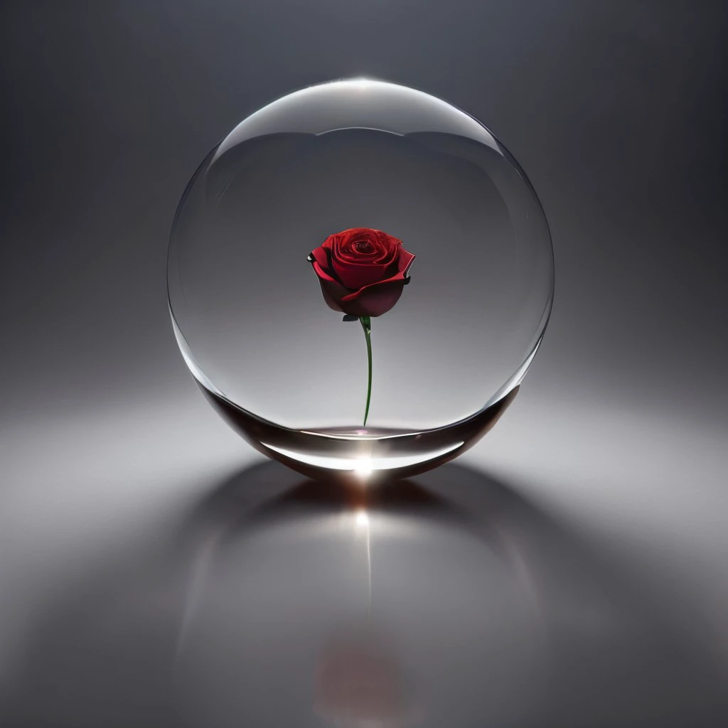 masterpiece, best quality, intricate photo, floating one meter over a field of roses glass sphere with red rose, Background blue cloudy sky, hyper realistic, highly detailed, sharp focus, high resolution, 8K, <lora:GlassSphere_v12:0.6>