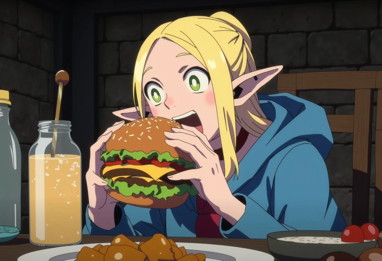 dark fantasy anime ilustration of Marcille an elf from Dungeon Meshi series, blonde elf girl with blue clothes eating a very big, oversized burger