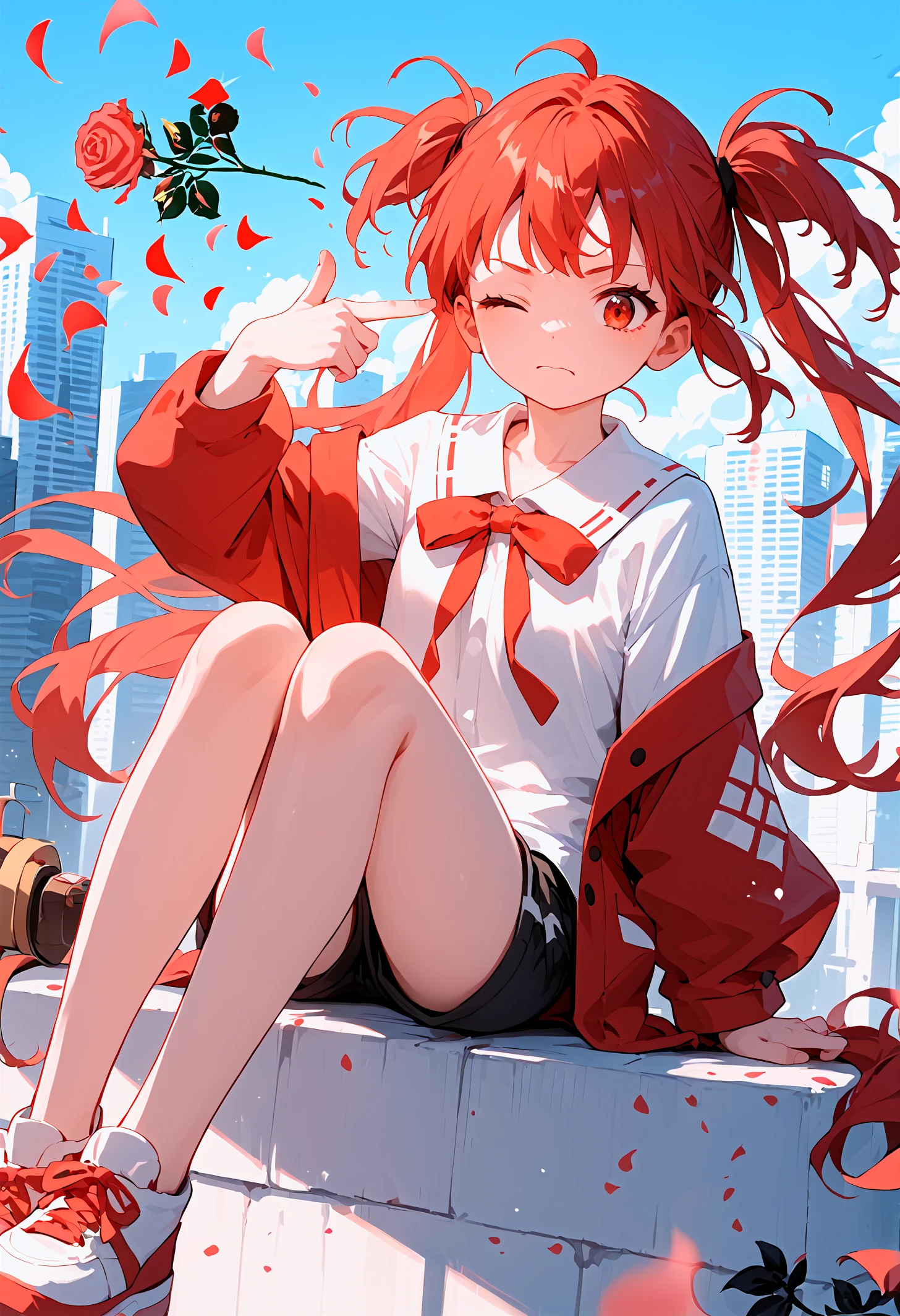 score_9,score_8_up,score_7_up,source_anime,1girl,solo,wince,twin tails hair,miko,shorts,looking at viewer,colorful,between legs,floating city,
<lora:boom finger gun_pony_bx-v1.04:1>,finger gun,rose,petals,