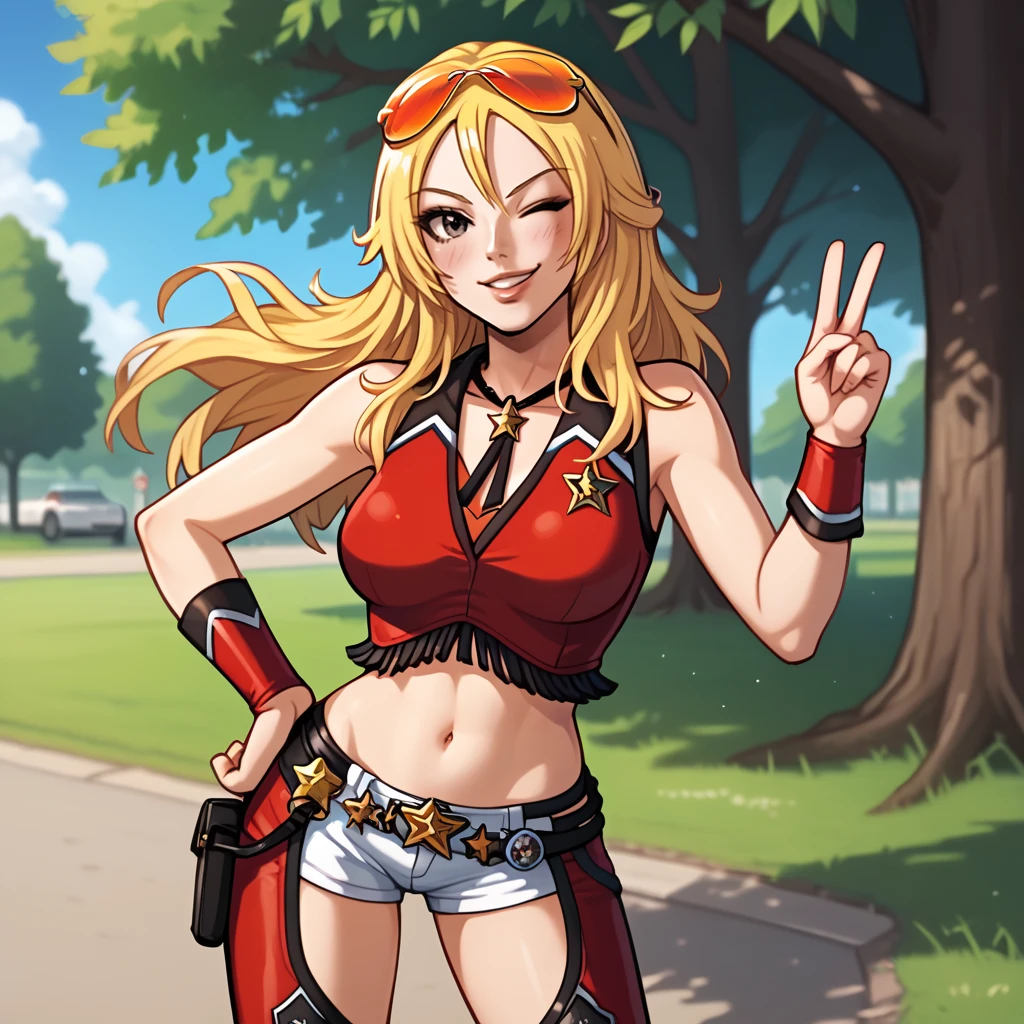 score_9, score_8_up, score_7_up, 1girl, solo, uncensored, agentstarr, smile, looking at viewer, one eye closed, winking, finger gun, pointing at viewer, hand on hip, long blonde hair, eyewear on head, orange sunglasses, red sleeveless, crop top, white short shorts, red chaps, black shoes, outdoors, park, tree, grass <lora:AgentStarrXL_v1.0:1>