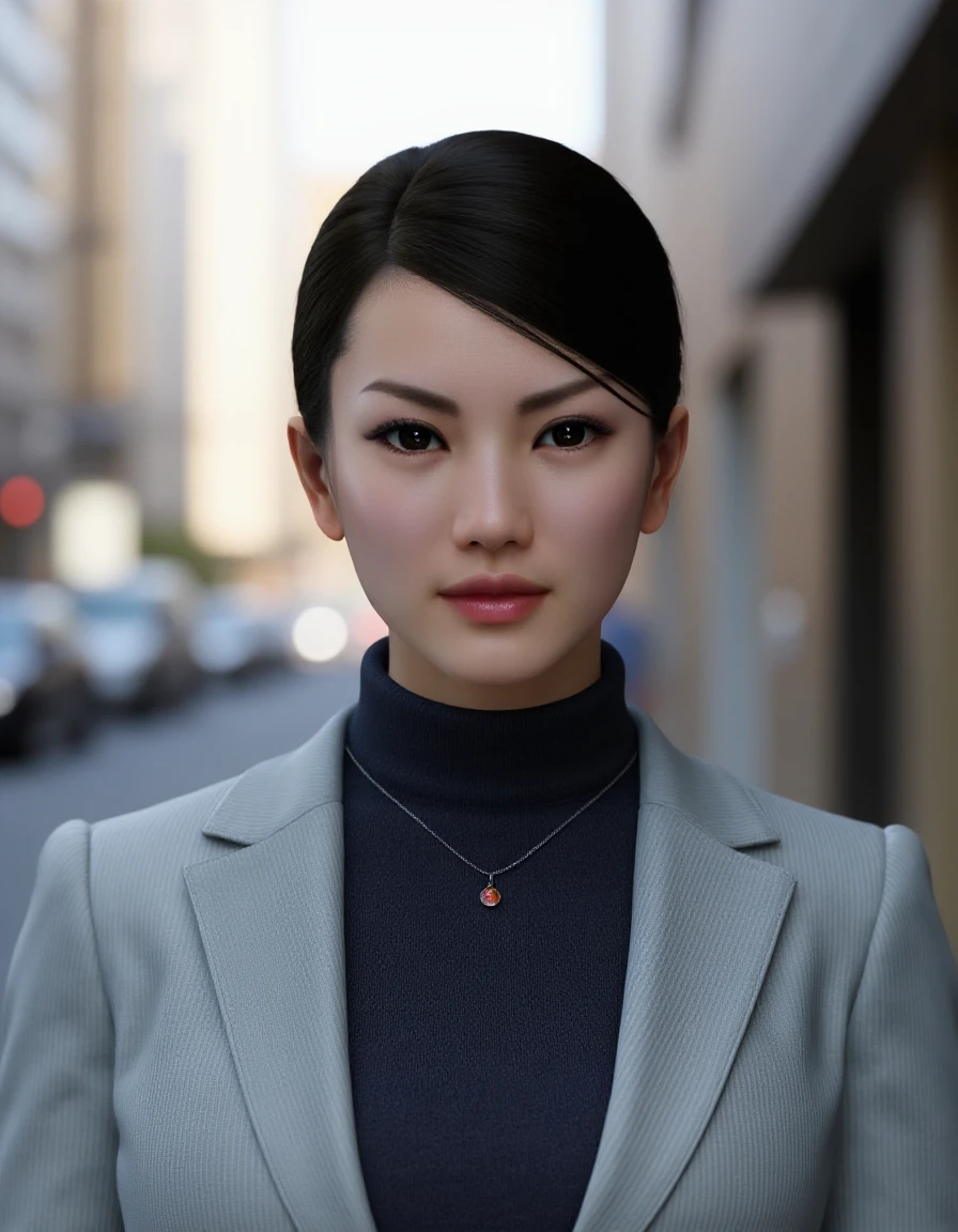 <lora:Kaoru Sayama_epoch_23:0.9> Portrait of an Asian woman. She has bun hairstyle and is wearing a necklace, grey striped suit and dark turtleneck sweater. The background implies a Japanese city street at day time.