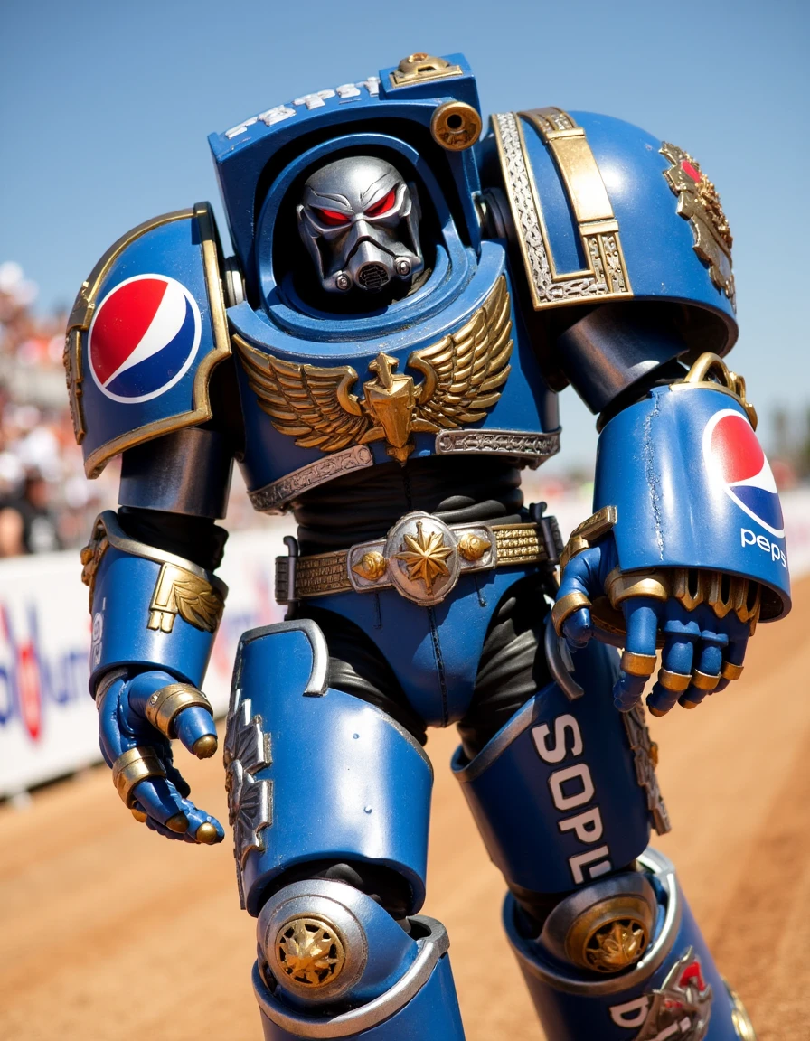 "Picture a Space Marine Terminator roaring down a futuristic racetrack, his iconic armor plastered with a bold blue-and-white Pepsi logo. His shoulder pads feature energy drink brands, and a chrome Pepsi can is mounted onto his backpack as part of his life support system. With giant billboards advertising 'Pepsi – The Choice of a New Generation' overhead, he storms the track, leaving sparks in his wake, with power fists ready for that final lap of glory."