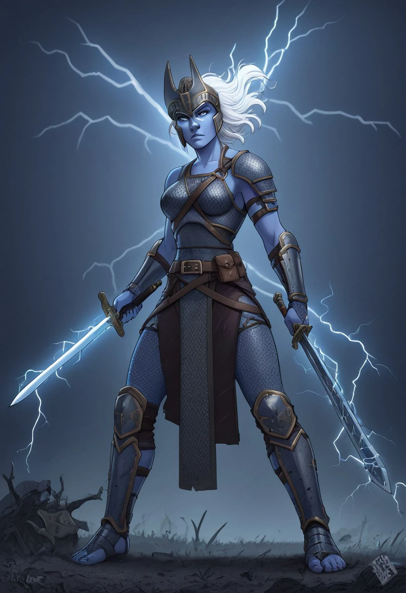 female stormGiant, photo score_9 score_8_up score_7_up action scene, movie stil , 1girl, storm giant, 50 feet tall ,blue skin ,thunderstorm, dramatic, weapon 1girl, focus ,sword facial hair armor colored skin chainmail holding, weapon holding ,electricity ,white hair ,holding sword, helmet belt ,standing ,name greaves