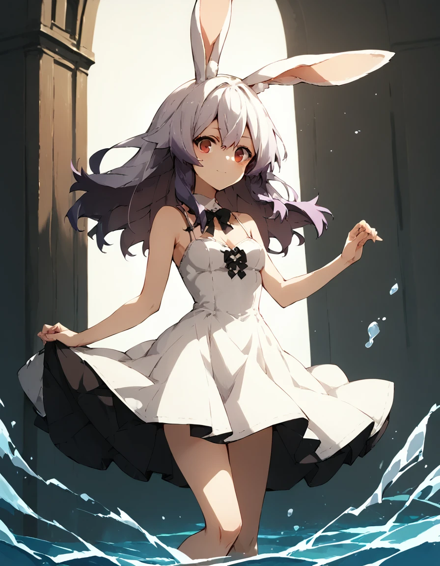 score_9,score_8_up,score_7_up,<lora:Bunny Girl:1>,bunny girl,rabbit ears,purple hair,multicolored hair,dress,