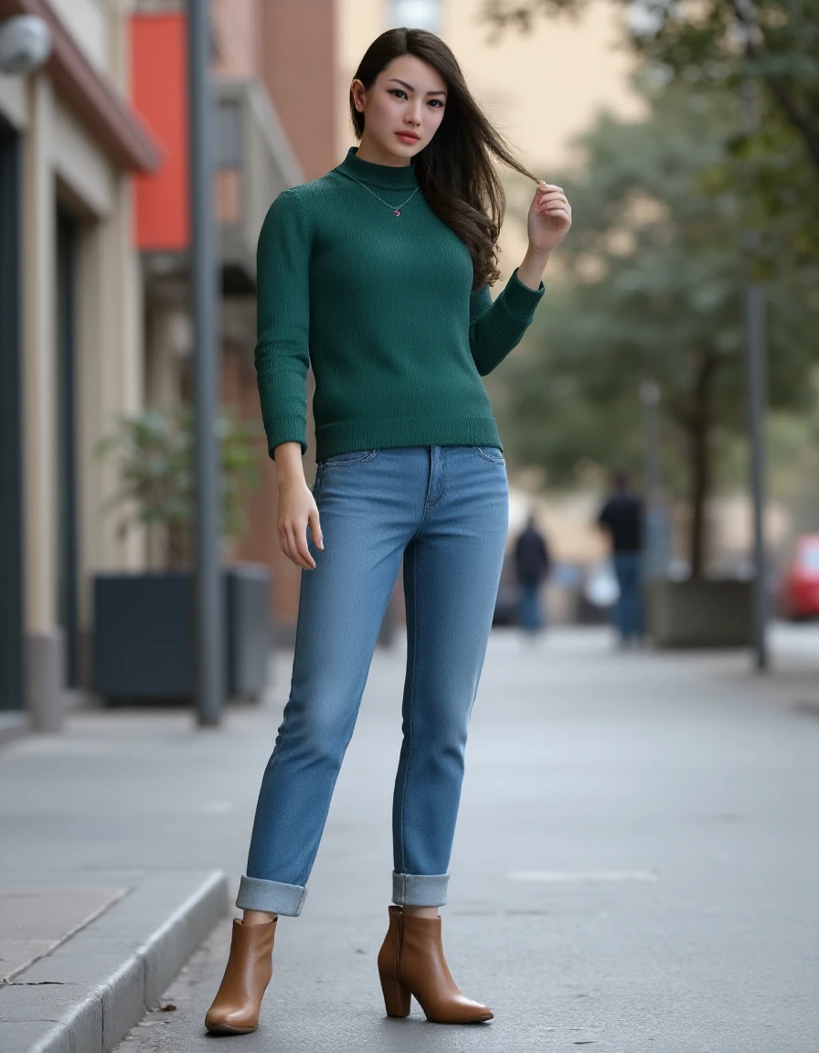 <lora:Kaoru Sayama_epoch_23:1> Full body photo of an Asian woman with long hair. She is making a pose while wearing a green long-sleeved sweater, blue denim pants and brown boots. The background implies urban.