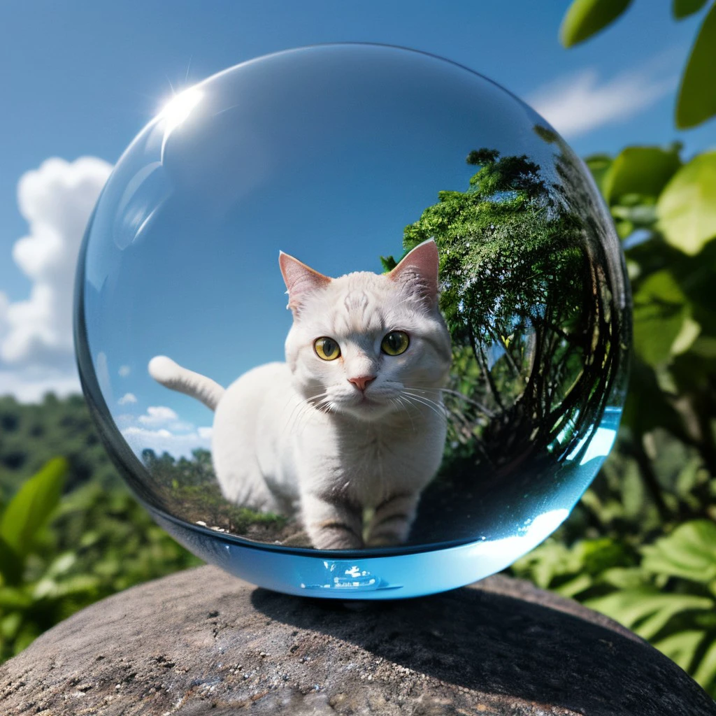 masterpiece, best quality, intricate photo, glass sphere with highly precise detailed cat in the jungle, Background blue cloudy sky, photo realistic, hyper realistic, highly detailed, sharp focus, high resolution, 8K, <lora:GlassSphere_v12:0.4>