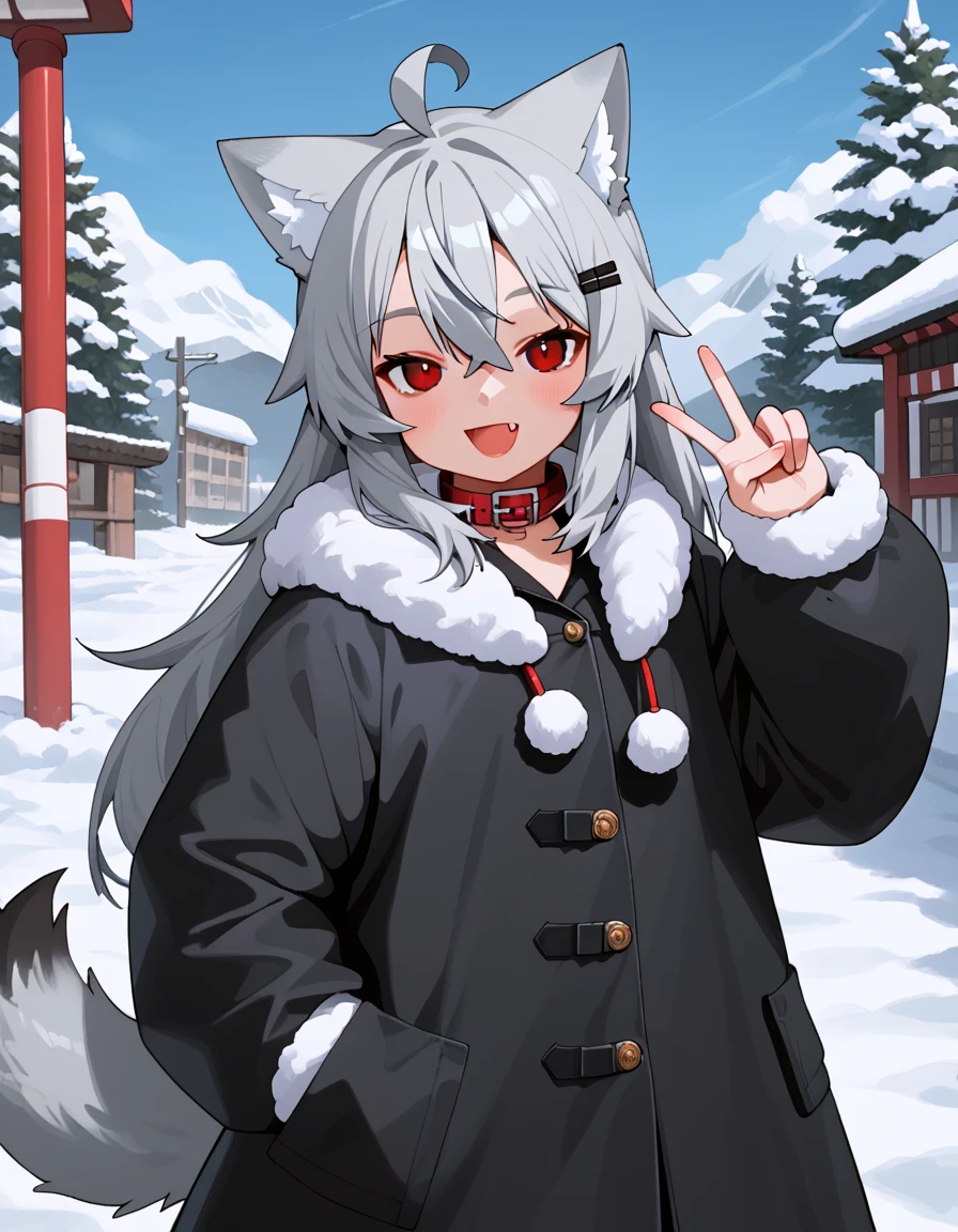 1girl, ooriru, red eyes, hairclip, animal collar, black coat, fur trim, wolf tail, smile, fang, looking at viewer,  standing, hand up, v,  snow  <lora:ooriru-pdxl-v4:0.7>