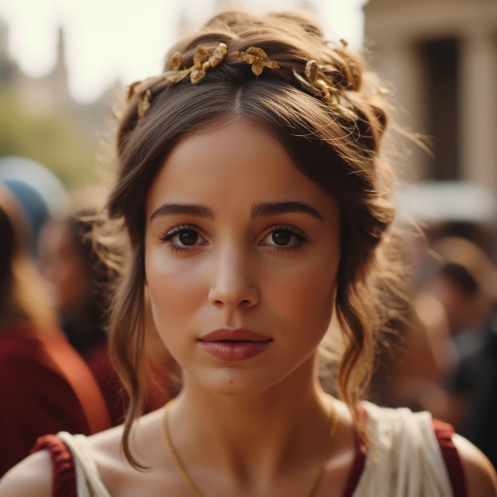 Instagram selfie of a woman during the ancient roman empire standing in the middle of a marketplace in ancient rome with people and merchants all around her. She has a toga on as would be befitting for a madam of the house and has a neutral expression. She has almost no makeup on. Her hair is in an intricate updo and held together by some golden hairpins. , <lora:Alba_Baptista_FLUX_v1-000058:1>