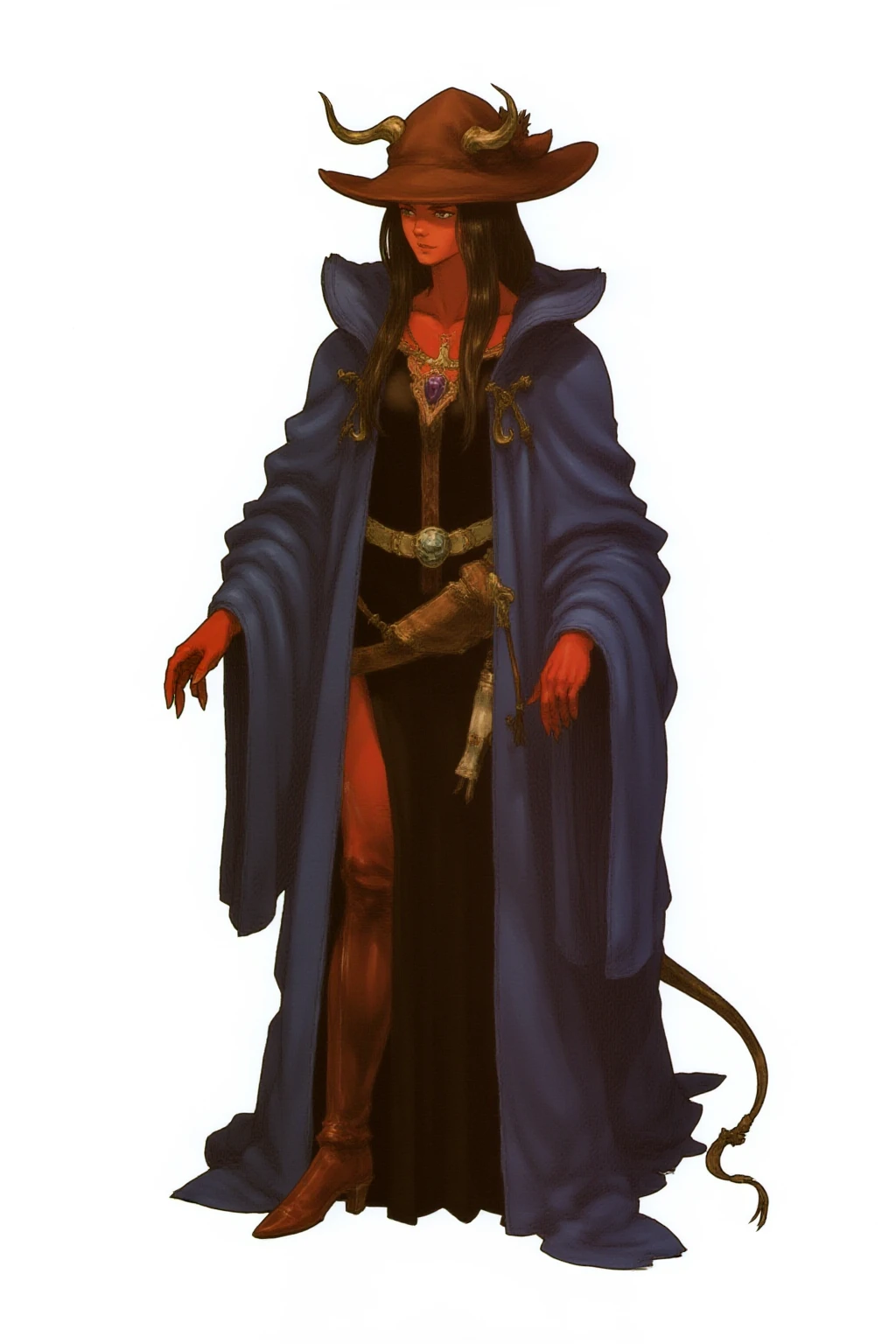 full-body medieval fantasy character of a female Tiefling woman with striking (red skin) and distinct, demonic features,  simple background, white background,   colored skin, oni,     long hair, bangs, black hair, glowing orange eyes, blunt bangs, rose, drill hair,and two prominent, curved horns protruding from her forehead,   The character is a wizard or sorcerer,  They are dressed in a flowing, deep blue robe with intricate details such as gold buttons, on the black shirt dress, and a large, floppy brown wizard's hat,  The robe is adorned with a prominent purple gemstone on the chest, suggesting magical power, also thigh boots on hightights, adding to the mystique and anonymity,  A small, leather pouch is attached to the character's belt, and a few books and scrolls are tucked into the belt and robe pockets, indicating a scholarly or magical nature,