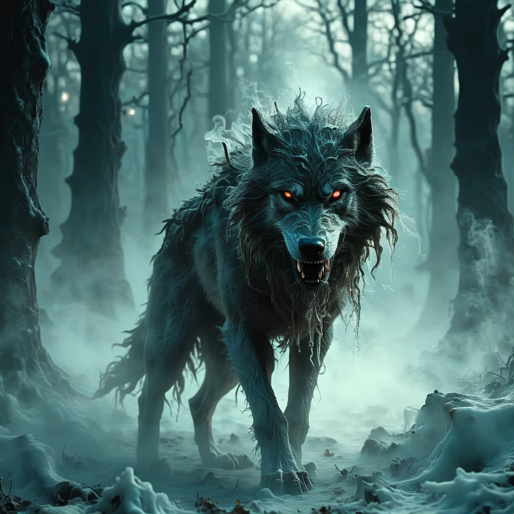 libernoctis ice wolf in a dark forest with ghosts and smoke in the background,  very detailed<lora:libernoctis:1>