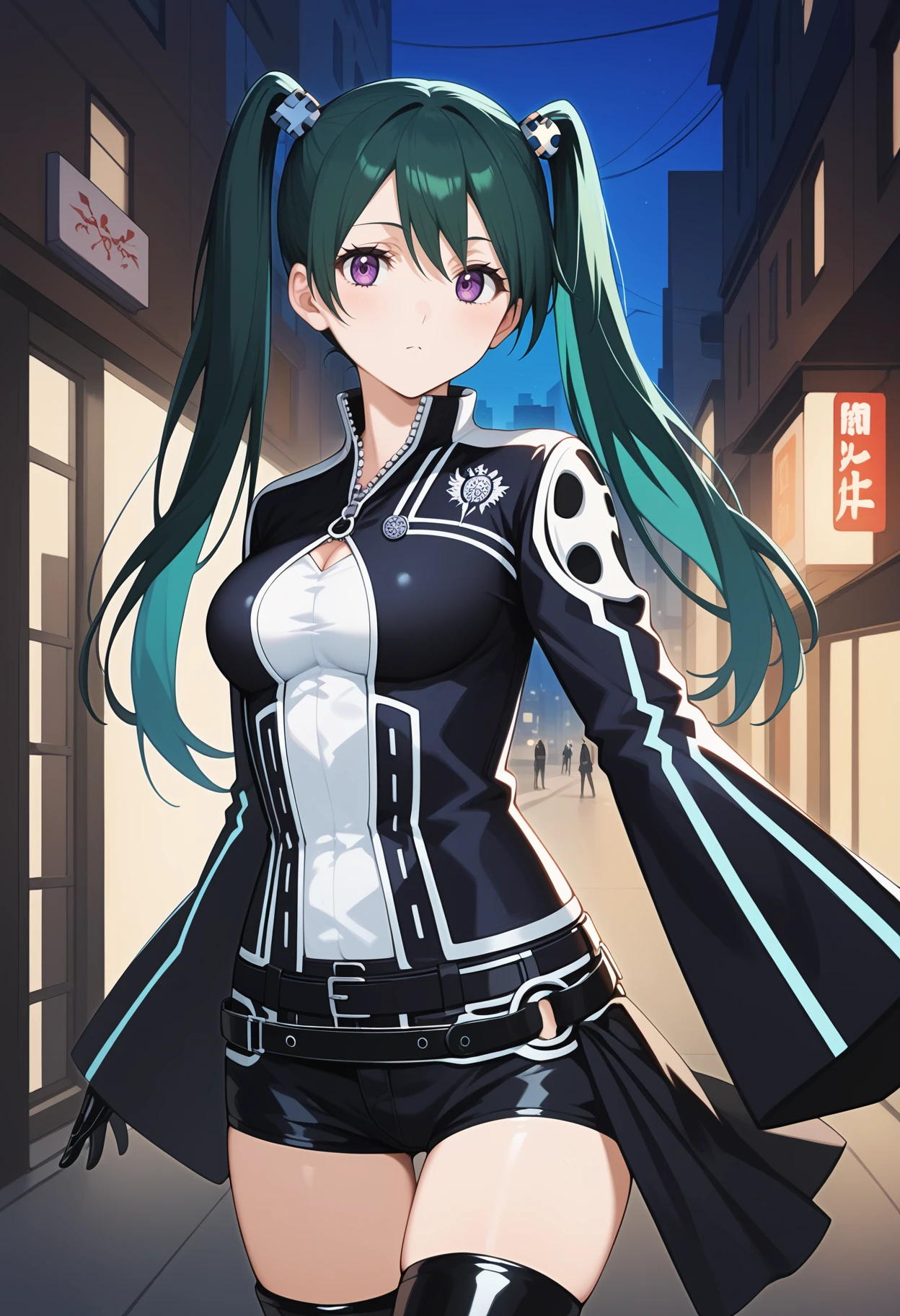 score_9, score_8_up, score_7_up, score_6_up, score_5_up, score_4_up, source_anime, bblee, long hair, green hair, black hair, twintails, hair ornament, purple eyes, medium breasts, white shirt, black jacket, wide sleeves, long sleeves, black gloves, zipper pull tab, belt, short shorts, black shorts, thigh strap, thigh boots, <lora:lenalee_lee_ponyxl_v1:0.9>, standing, cowboy shot, city, night, street,