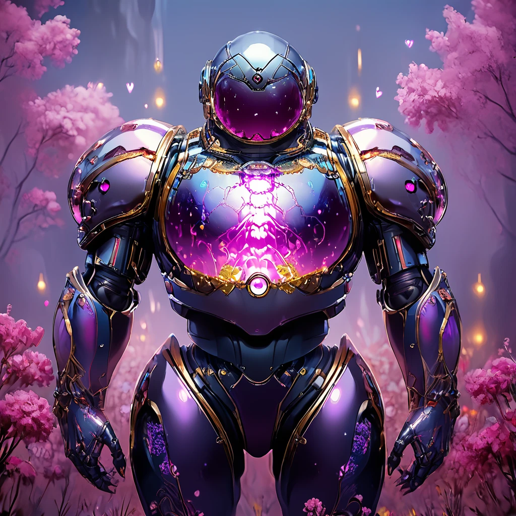 core_9, score_8_up, score_7_up,  <lora:NeonFantasyPony:1> ArsFriends, The image is a digital illustration of a futuristic robot standing in a forest-like environment with pink flowers and trees in the background. The robot is wearing a black and gold suit with a large helmet that has a heart-shaped design on it. The helmet is glowing purple and has a pink and blue light emanating from it giving it a mystical and mystical appearance. The suit is made up of multiple layers of armor with gold accents on the shoulders arms and legs. The background is dark and eerie with a hint of purple and pink lights. The overall mood of the image is mysterious and futuristic., solo, armor, petals, cherry blossoms, robot, glowing, standing, open hands, helmet, 1girl