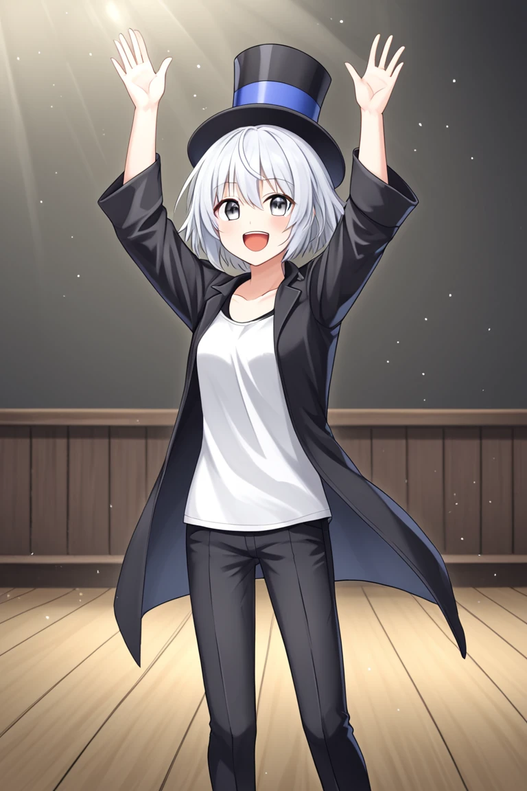 1girl, solo, rainaygo, duel monster, white hair, short hair, grey eyes, modern urban clothes, magician outfit, black top hat, black coat, open coat, (white shirt:1.2), black pants, indoors, stage, magic show, arms up, open mouth, smile,