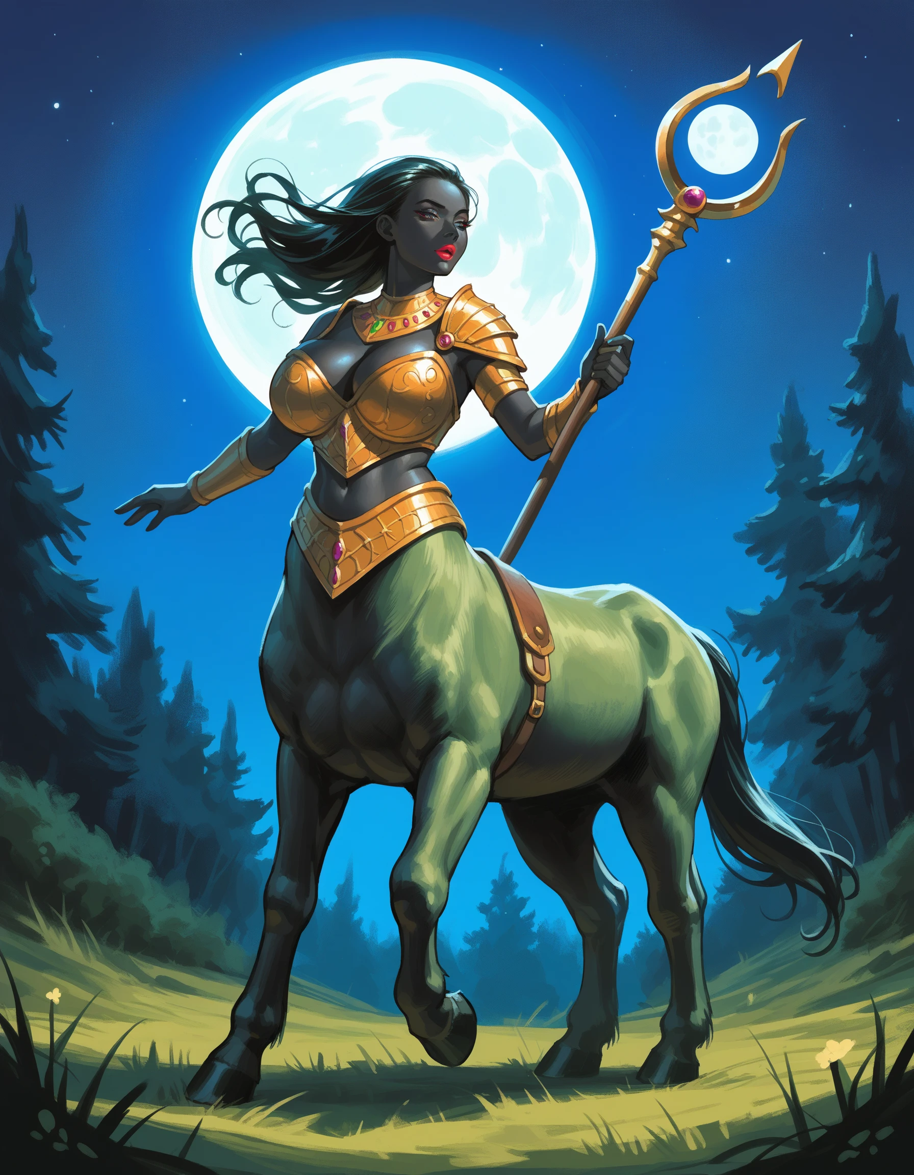 score_9, score_8_up, score_7_up, score_6_up, score_5_up, score_4_up, hud_c3ntaur, 1girl, solo, makeup, lipstick, monster girl, huge breasts, armor, holding staff, centauroid, taur, centaur, long black hair, green fur, onyx black skin, jumping, <lora:hud_c3ntaur_XLP:0.6>, outdoors, night, moon