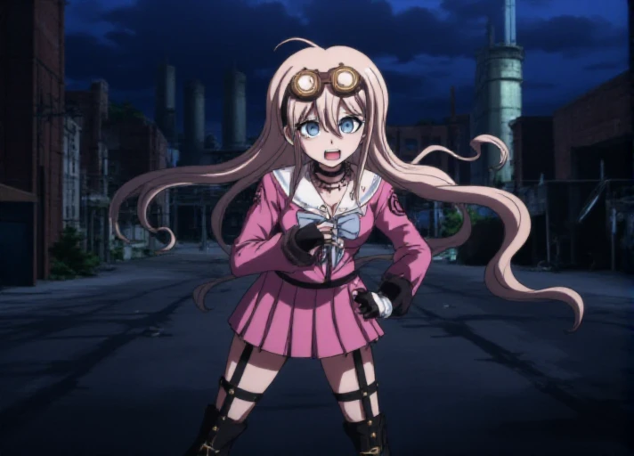 solo, <lora:Miu_Iruma_Flux_r1:1.1>,  <lora:Mistoon_Anime_Flux:0.7> , anime.    The image is a screencap from the anime Danganronpa The Animation.        Miu Iruma wearing her uniform from Danganronpa V3. Miu Iruma has waist-length strawberry blonde hair that flows in waves around her back, with two short locks of hair sticking up at the top of her head, sweeping to her right. Her bangs are long and wispy, swept somewhat to her left. She has ice-blue eyes. Her head accessories consist of a pair of brown goggles with gold accents. Miu wears a modified, long-sleeved, dark pink seifuku uniform with a white sailor collar and sleeve cuffs, both striped with a single faded pale blue line, a faded pale blue bow tied at her collar. Her chest cover is noticeably missing, her cleavage exposed. A crest can be found in black printed at the shoulders of her sleeves. She wears a short, dark pink pleated skirt the same color as her uniform, vertically striped off-white knee-high socks, and black heeled boots accented with gold buckles, studs, and buttons. Her accessories include a black choker, two rubber collars that resemble barbed wire, black fingerless gloves studded with silver, a pin of the mouse mascot from Niko Niko Happy on her collar, black straps connected with gold studs wrapping her left upper arm, and black straps studded with gold linked with gold rings around her torso and legs. Her long black boots reach nearly up to her knees.       Miu Iruma in a spooky, abandoned power plant on a dark, stormy Halloween night. The plant is filled with towering, humming machinery, flickering control panels, and a sense of impending doom. Miu is excitedly working to repair a strange, malfunctioning generator that seems to be causing the storm outside to grow stronger.