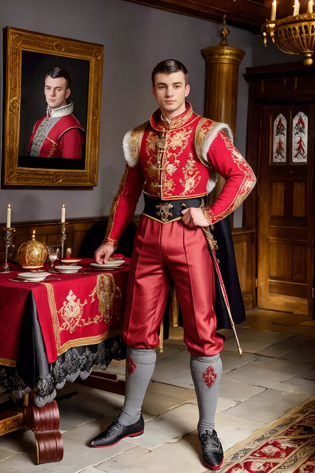 great hall of Tudor style castle, stone walls, high ceiling, banquet table, standing, MaxBarz, wearing red and gold (men's Elizabethan costume), (embroidered doublet:1.2), (breeches pants), long gray socks, (ruff collar:1.3), (black shoes:1.2), (male focus) ((full body portrait)), wide angle <lora:MaxBarz:0.8>