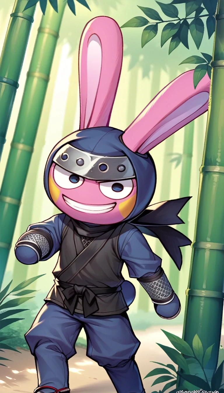 score_9, score_8, high quality, masterpiece, momochi, rabbit, pink fur, male, furry male, furry, solo, 1boy, ninja, ninja suit, ninja hood, dutch angle, dynamic angle, grin, bamboo forest