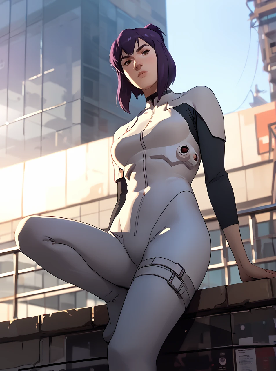 score_9, score_8_up, score_7_up, <lora:maddiekpxl:1>, maddiekpxl, 1girl, short ponytail, wearing flesh tone bodysuit, gits, cartoon, western animation, looking at viewer, flat colors, outline, purple hair, on ledge of building, full body, from below, ghost in the shell,