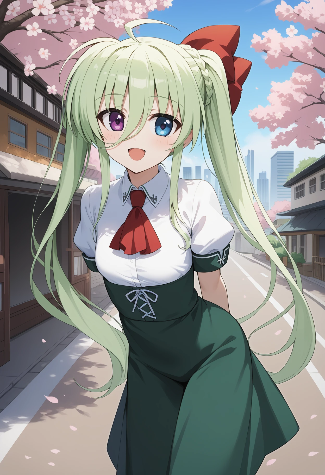 score_9, score_8_up, score_7_up, score_6_up, score_5_up, score_4_up, source_anime, aaeinhard, aged down, long hair, green hair, ahoge, twintails, hair ribbon, heterochromia, small breasts, school uniform, red ascot, white shirt, puffy short sleeves, cross-laced clothes, high-waist skirt, green skirt, <lora:einhard_stratos_ponyxl_v1:0.9>, arms behind back, leaning forward, bent over, standing, outdoors, open mouth, cherry blossoms, smile, road, city,