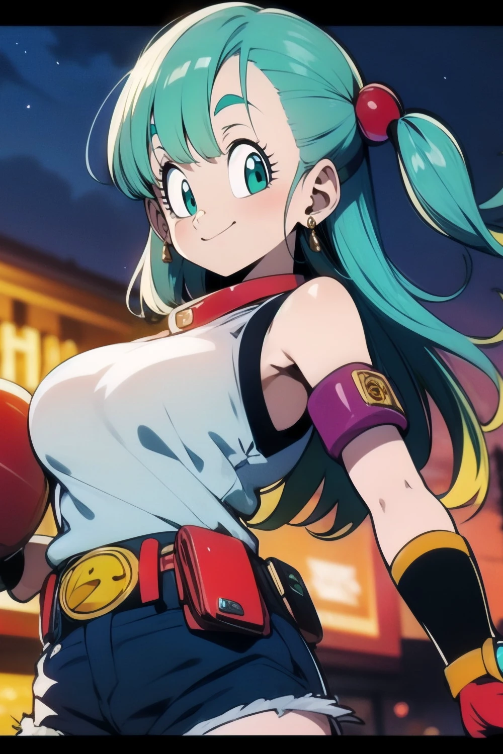 1girl, bulma_brief,  <lora:bulma_brief_v3:1>, (solo), green eyes, looking at viewer, evil smile, aqua hair, bangs, long hair, one side up, thick, large breasts, sleeveless, white shirt, belt, shorts, gloves, belt, fingerless gloves, elbow pads, hair bobbles , goggles around neck , fingerless gloves, elbow pads, holding dragonball, arm on forehead, lower body shot, in amusement arcade, (night), (masterpiece:1.4), extremely detailed, (high resolution), (best quality),