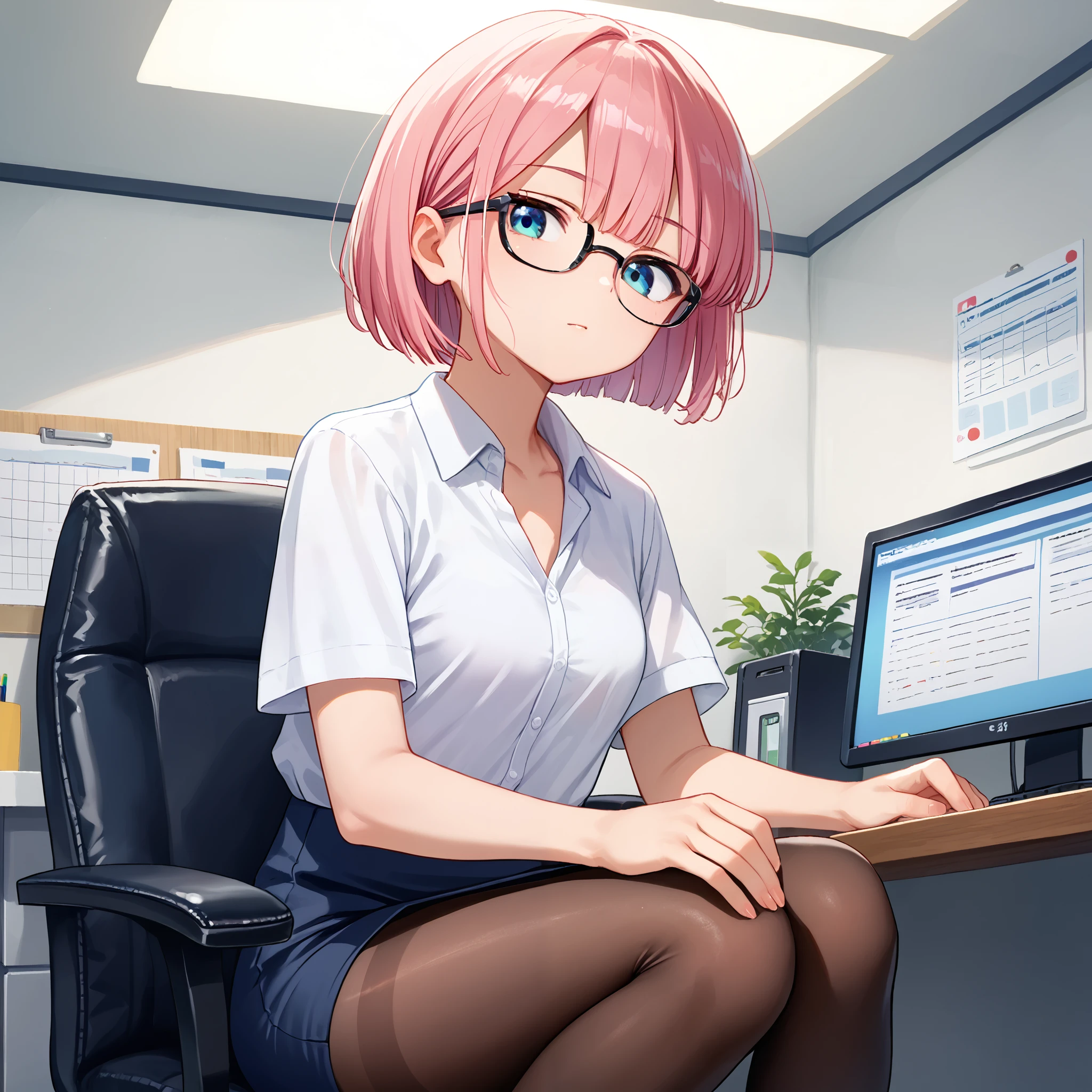 score_9, score_8_up, score_7_up, score_6_up, score_5_up, score_4_up, BREAK source_anime, look at viewer, rating_safe, 1girl, solo, indoors, sitting, office chair, masterpiece, best quality, high detailed skin,    chiyoda momo, blue eyes, pink hair, short hair, white shirt, collared shirt, pencil skirt, pantyhose, glasses, short sleeves,