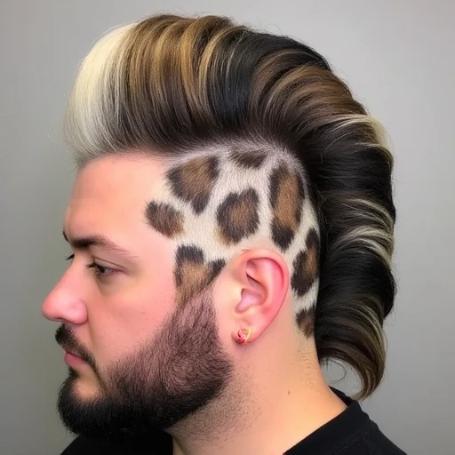 showcasing an elaborate hairstyle and facial hair. The individual has a full, transitioning from a dark brown color at the roots to a light blonde at the top. The hair is neatly cut and styled, mimicking the appearance of a leopard's fur., gazing slightly off to the left., with the spots made using hair that has been dyed a darker brown or black color., modern look with a high pompadour on top