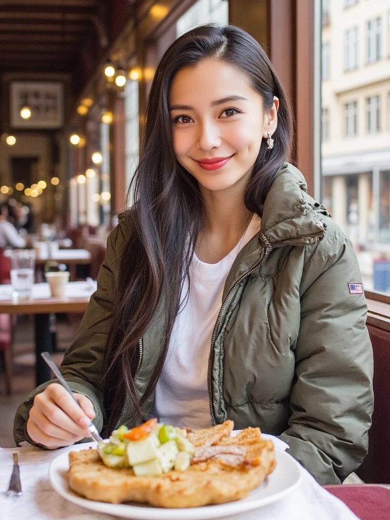 angelababy,
Analogue photography of an asian girl dressed in a sporty hiking outfit having a nice dinner consisting of a Wiener Schnitzel and original bavarian potato salad in a alpine styled restaurant in the center of lovely Innsbruck