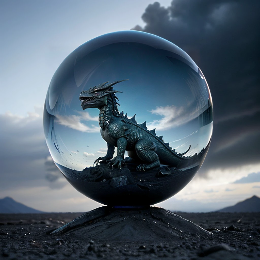 masterpiece, best quality, intricate photo, glass sphere with highly detailed dragon in the wasteland, Background blue cloudy sky, hyper realistic, highly detailed, sharp focus, high resolution, 8K, <lora:GlassSphere_v12:0.5>
>