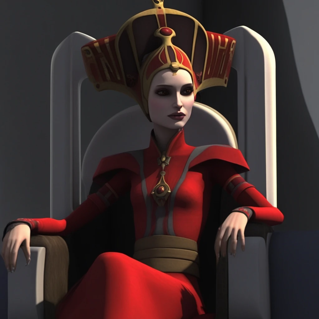 1 girl, Padme amidala, clone wars, 3D, red queen outfit, red queen makeup, red queen headwear, sitting, naboo