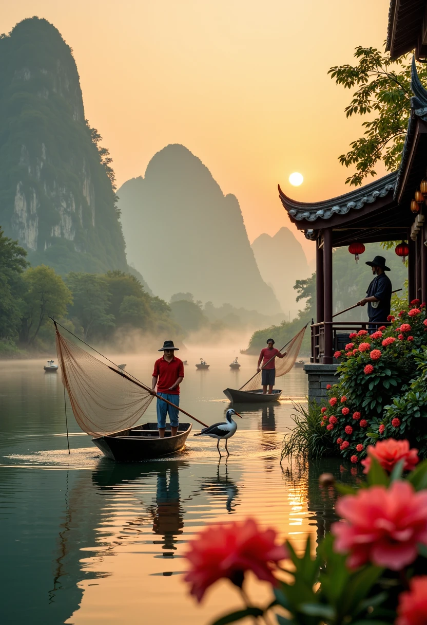 landscape, Guilin, China, iconic symbol of China's natural landscapes, Fishermen casting nets on the Li River with cormorant birds, captured in the evocative style of the soft orange glow of the setting sun. A narrow alley on the right provides a glimpse of a tranquil garden filled with vividly blooming flowers. Ultra HD, 8K, with fine details, bringing the textures of the scene alive. Featuring: Lomography , Extreme wide portrait , 3D rendering , symmetrical composition , UHD , Wide angle lens,
Ink style, A shot with tensiondetailed backgroundDouble exposure,masterpiece, professional artwork, famous artwork,
Buddha statue