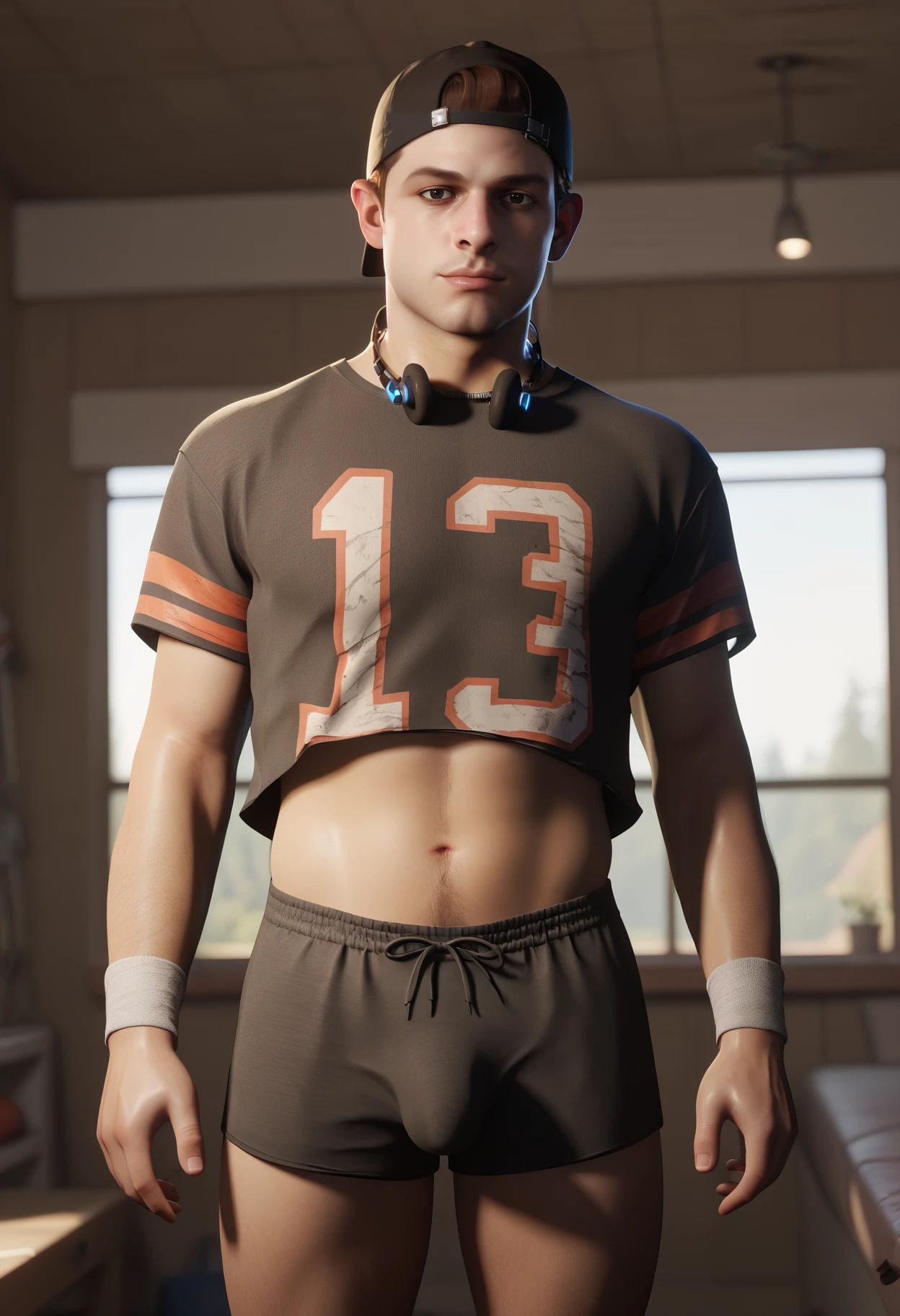 score_9, score_8_up, score_7_up, score_6_up, 3d depth of field BREAK <lora:jacob_custos_pony_epoch_7:0.8> 1boy, male 80s_jacob_custos, black crop top jersey, number 13 on the jersey, small black shorts, cap, headphones, inside a summer cabin, confident expression, looking at viewer, bulge