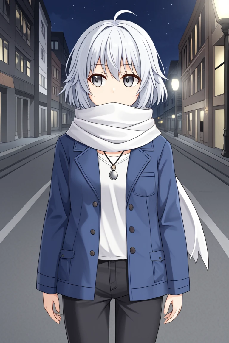 1girl, solo, rainaygo, duel monster, white hair, short hair, ahoge, grey eyes, modern urban clothes, casual clothing, blue jacket, long sleeves, white shirt, necklace, white scarf, covered mouth, black pants, outdoors, night, city, street, standing, looking away, expressionless, cowboy shot