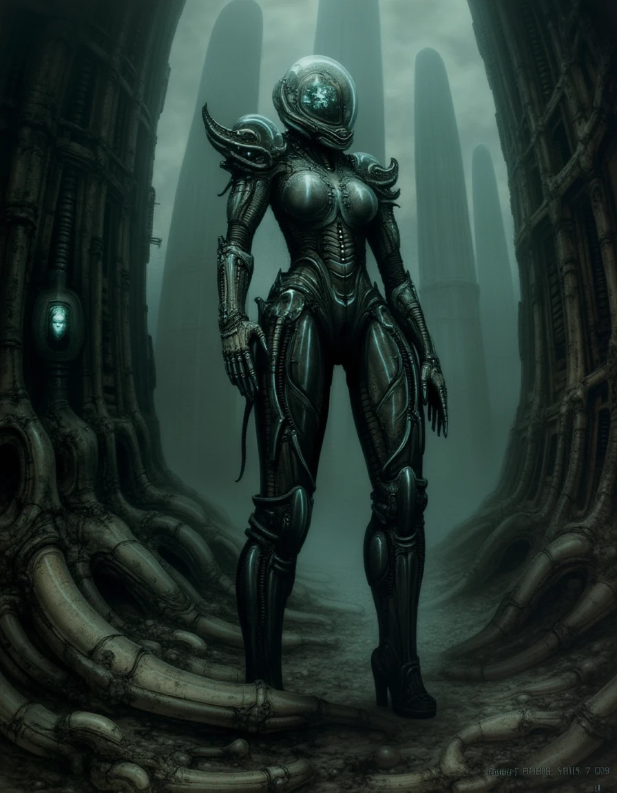 In a surreal, biomechanical landscape reminiscent of H.R. Giger’s haunting artistry, Samus Aran stands poised in her iconic power suit, which glistens with an iridescent sheen. The intricate patterns of the suit intertwine with organic and mechanical elements, showcasing sinuous tubes and pulsing lights that pulse rhythmically, almost as if alive. A backdrop of eerie, alien architecture looms behind her, characterized by elongated, cylindrical structures and shadowy recesses that seem to murmur with otherworldly energy.

The atmosphere is thick with a sense of foreboding, illuminated by dim, pulsating light that casts elongated shadows, creating a chiaroscuro effect that emphasizes the contours of her formidable frame. Her visor reflects spectral images from this alien realm, adding an air of mystery and depth. 

Surrounding her, a surreal synthesis of bone-like forms and biomechanical roots intertwine, hinting at the remnants of long-forgotten creatures. The air is charged with an unsettling stillness, broken only by the faint, rhythmic sound of machinery humming in the distance. This fully realized environment invites viewers into an unsettling yet captivating encounter, highlighting the duality of technology and nature, and rendering Samus Aran as both hunter and hunted in a world of Giger-esque wonder.