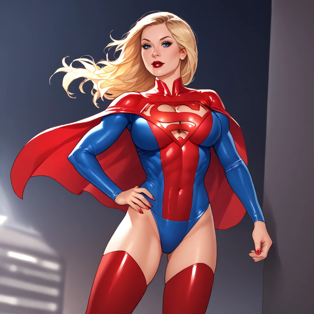 <lora:supergirlcleavage_pony_v1:1>  SupergirlCleavage, 1girl, solo, cape, blue eyes, cleavage cutout, clothing cutout, lipstick, makeup, lips, superhero, blonde long hair, red thighhighs, large breasts, red leotard, nail polish, hair down, traditional media, covered navel <lora:Lilandava_PDXL:1> score_9, score_8_up, score_7_up, score_6_up, source_cartoon, AdamHughesStyle,