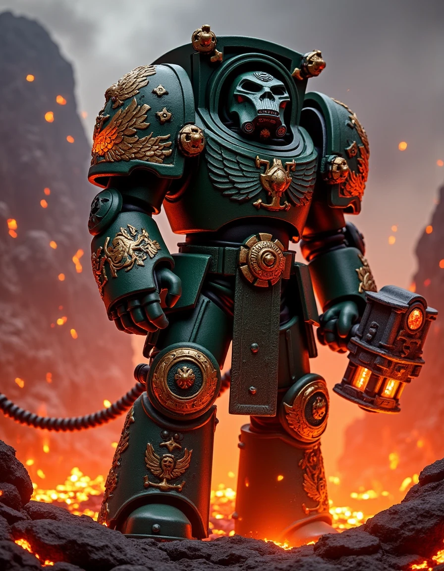 "Imagine a scene in the style of fantasy art, where a Salamanders Terminator stands in the midst of a volcanic battlefield. His deep green armor is adorned with flame motifs and embossed with scales, and his chest bears the flaming hammer emblem of the Chapter. His pauldrons are decorated with dragon-like engravings, and his power fists emit a faint glow, as if forged in the very fires of Nocturne. The lava reflects off his armor, casting a fiery glow as he looms over the battlefield, embodying the Chapter’s bond to fire and the forge, as well as their compassion for humanity."