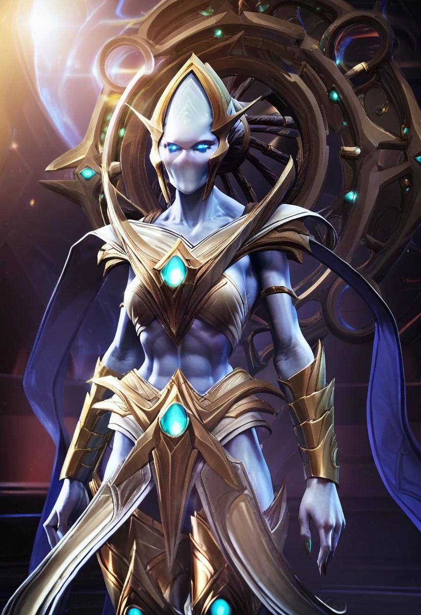 Rohana,1girl,solo,protoss girl,no mouth,no nose,no ears,elongated head,glowing eyes,alien girl,blue eyes,armor,colored skin,pauldrons,braids,vambraces,gold armor,helmet,pelvic curtain,breastplate,large breast,sexual pose,tease gesture, spaceship, score_9, score_8_up, score_7_up, beautiful aesthetic, very intricate, high quality details,vibrant, highly detailed, award-winning, professional,anime artwork, anime style, studio anime, athletic, toned female,muscular milf,curvy body, athletic girl,fit girl, ,looking at viewer, pinup pose,teasing, dynamic lighting, cinematic, smug, better than you, aura of temptation, highly detailed, high resolution, masterpiece, detailed clother, detailed background, highly detailed, ((sound effects)) comic layout,