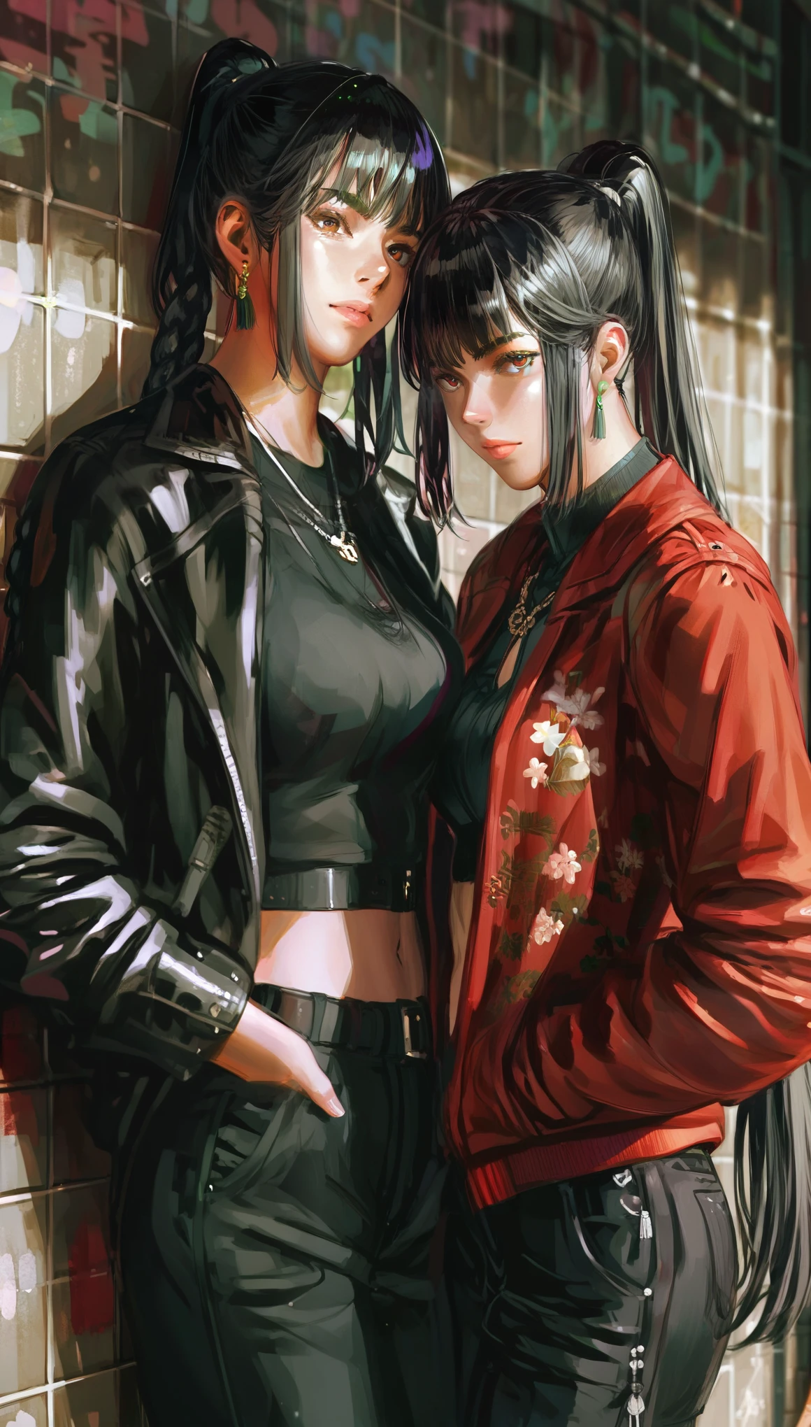 score_9, score_8_up, score_7_up, score_6_up, two female anime characters standing next to each other behind a graffitied wall, black hair, multiple girls, jacket, 2girls, jewelry, looking at viewer, hands in pockets, braid, long hair, belt, bangs, earrings, navel, pants, ponytail, closed mouth, open jacket, red jacket, open clothes, midriff, necklace, black jacket