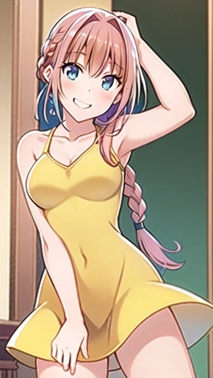 (masterpiece, best quality:1.2), 1girl, solo, (pink hair:1.5), (long hair), (ponytail), bangs, (blue eyes:1.5), closed mouth, smile, grin, collarbone, braid, ((french braid)), (eyebrows), shiny hair, (medium breasts), eyebrows visible from hair, dress, (yellow dress:1.5), (cowboy shot:1.5), looking at viewer, indoors, palace,