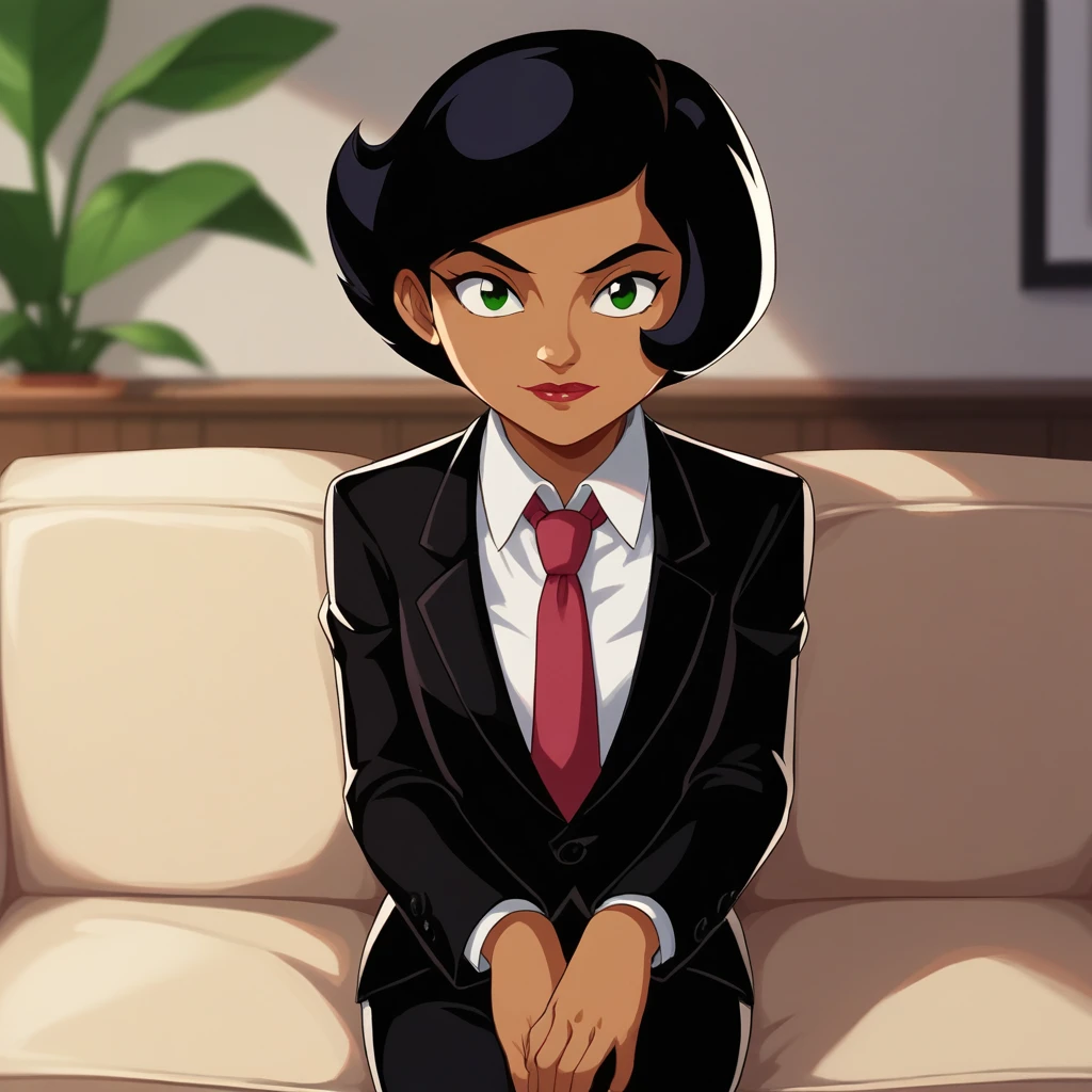 score_9_up, score_8_up, BREAK, Megan, 1girl, solo, black hair, short hair, green eyes, dark skin, lipstick,   black suit, white shirt, necktie, black pants, cowboy shot, <lora:Megan_SpieZ_PXL_Leaf4:1>, indoors, depth of field, looking at viewer , sitting on couch,