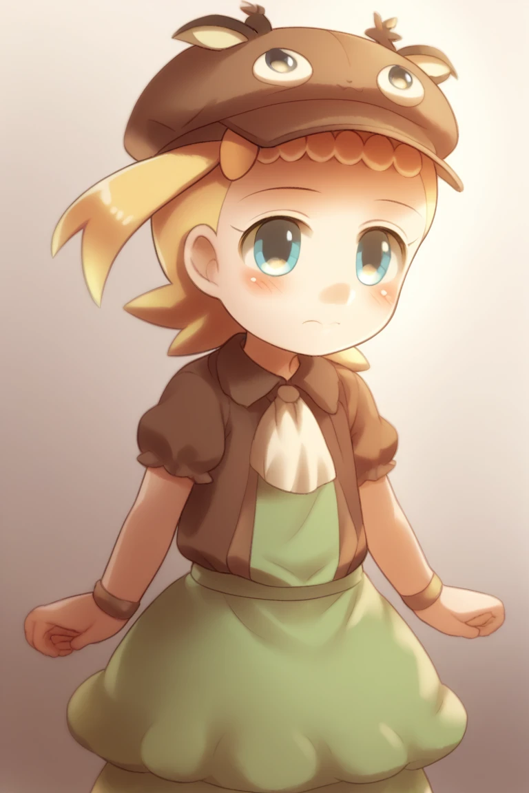 score_9,score_8,score_7, porochaStyle, porochaStyle, 1girl, alternate color, blonde hair, blush, bonnie (pokemon), child, creatures (company), female focus, game freak, gradient background, hat, highres, nintendo, pale color, pokemon, porocha, shiny skin, short hair, solo, white background