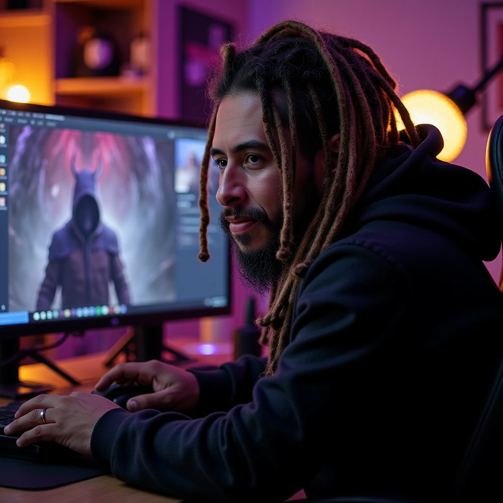 The image portrays a focused z3usgh0stz man sitting in front of a computer, immersed in a task. The setting is a dimly lit room with a warm, ambient atmosphere. The person has long, thick dreadlocks and a well-groomed beard, wearing a dark hoodie. On the computer screen, there is some kind of creative work being displayed, possibly a digital art project, with a figure resembling a mystical or fantasy character. The background features soft, warm lighting from a glowing spherical light source, adding a cozy and immersive feel to the space. The individual seems highly concentrated, with their hands actively working on the keyboard or mouse, reflecting an intense focus on their task.