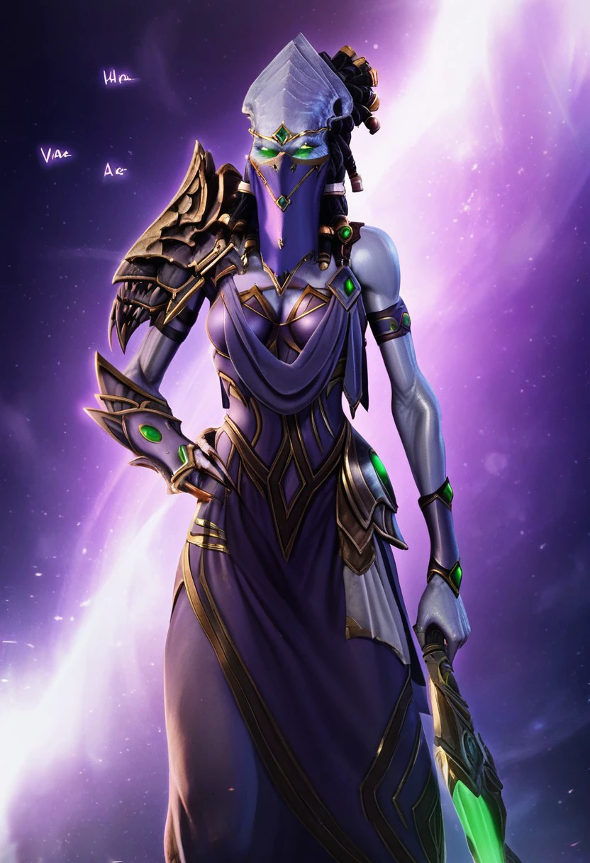 Vorazun,1girl,solo,protoss girl,no mouth,no nose,no ears,elongated head,glowing eyes,face veil,alien girl,green eyes,armor,colored skin,shoulder armor,pauldrons,braids,dreadlocks,vambraces,dress,skirt,jewerly,veil,purple dress,seductive, holding weapon, sexy pose,score_9, score_8_up, score_7_up, beautiful aesthetic, very intricate, high quality details,vibrant, highly detailed, award-winning, professional,anime artwork, anime style, studio anime, athletic, toned female,muscular milf,curvy body, athletic girl,fit girl, ,looking at viewer, pinup pose,teasing, dynamic lighting, cinematic, smug, better than you, aura of temptation, highly detailed, high resolution, masterpiece, detailed clother, detailed background, highly detailed, ((sound effects)) comic layout,