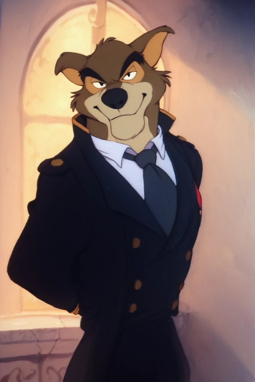 score_9, score_8_up, score_7_up, score_6_up, front view, looking at viewer, black eyes, wolf, anthro, furry, brown fur, male, seductive expression, black suit, tie, black pants, standing, inside, buildingbackground, retro artstyle, traditional media, dramatic lighting<lora:Don_Karnage_Talespin_PonyXL:1> <lora:Disney_Renaissance:1>