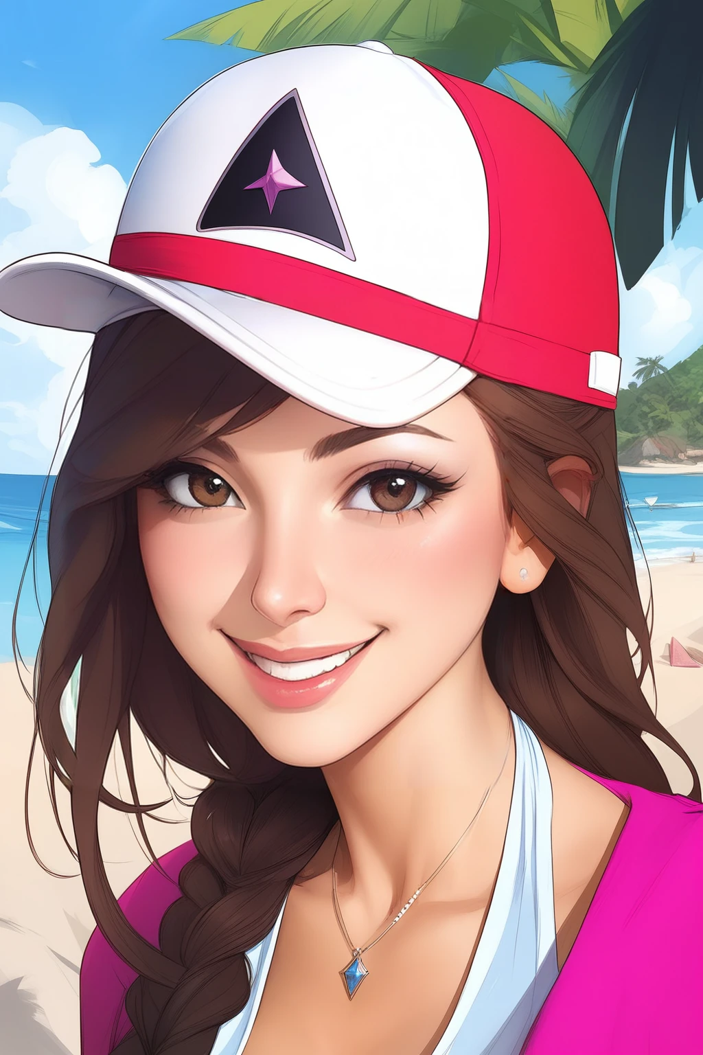 score_9, score_8_up, score_7_up, masterpiece, high quality, BREAK
 <lora:Anllela PonyLoRA:1> anllela, realistic, long hair, brown hair, face zoom, portrait, shy smile, base cap, sunny, beach,