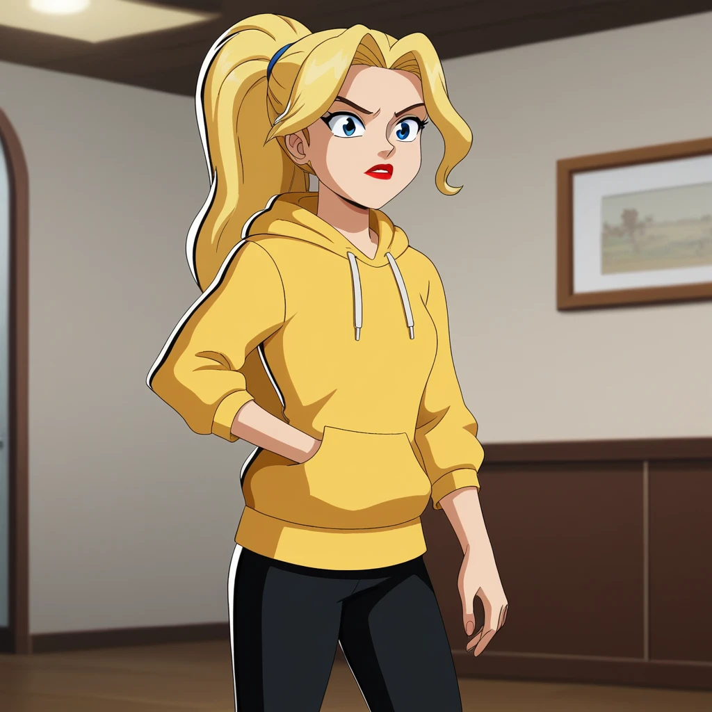 score_9_up, score_8_up, BREAK, TAspiez, 1girl, solo, blonde hair, high ponytail, long hair, blue eyes, lipstick, yellow hoodie, black leggings, cowboy shot, <lora:The_amazing_spiez_Style_PXL_Leaf2:1>, indoors,