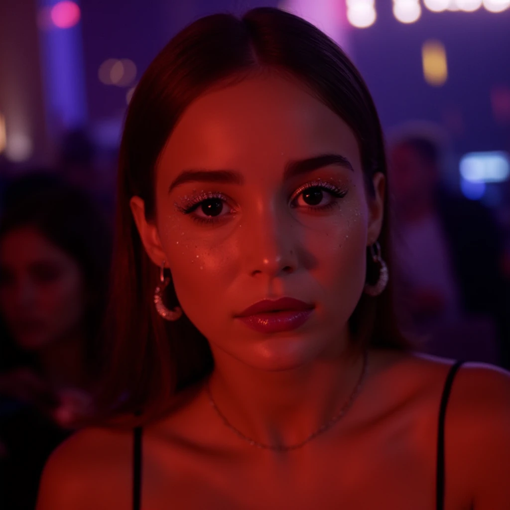 High res waist up portrait photo of a woman with glittery eye-shadow and clear glossy lip-gloss.She is looking at the viewer seductively . She is wearing a thin string-like black choker and hoop earrings. In the background is a nightclub scene out of focus.,  <lora:Alba_Baptista_FLUX_v1-000058:1>