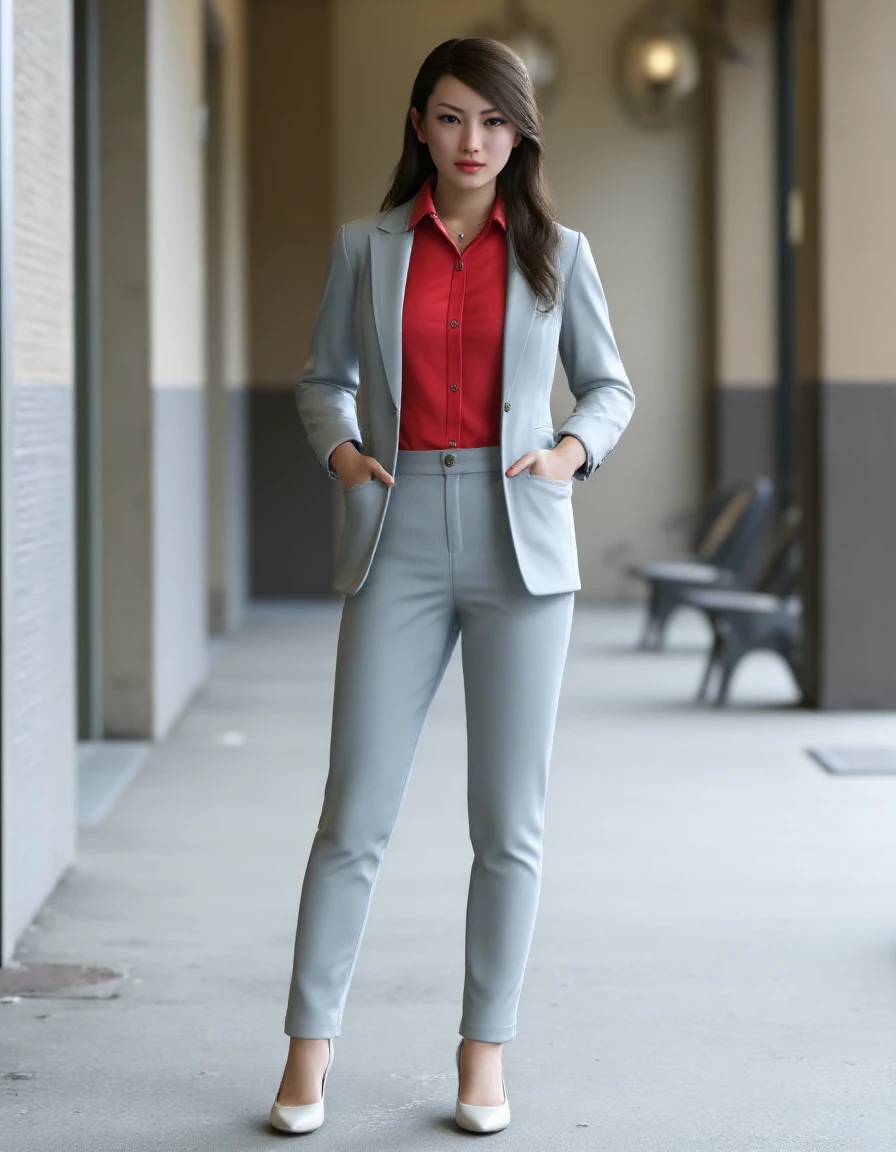 <lora:Kaoru Sayama_epoch_23:1> Full body photo of an Asian woman with long hair. She is making a photoshoot pose while wearing a fully opened light grey blazer, red formal shirt, light grey pants and white shoes. The background implies urban.