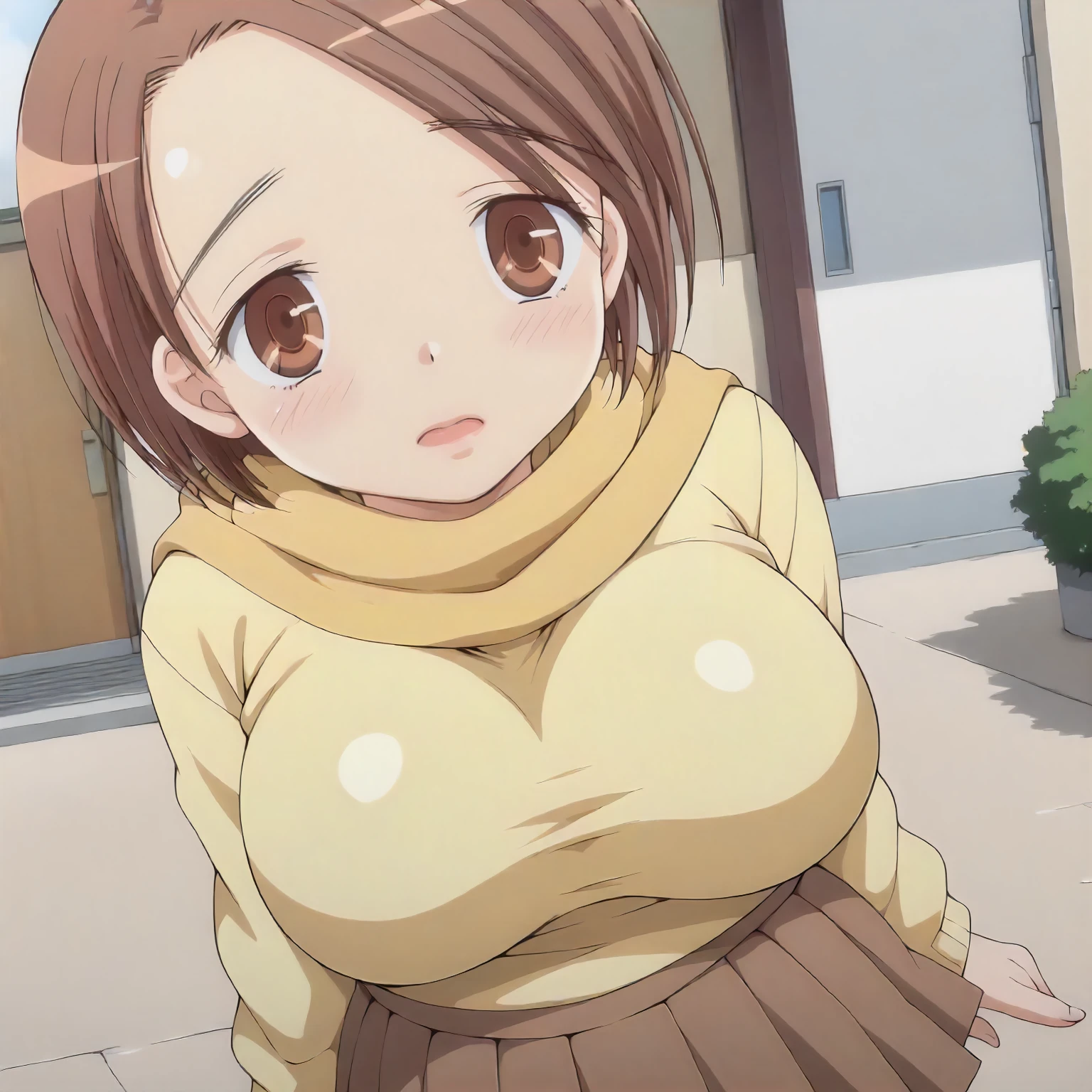 <lora:HNN_HazukiXLpony001>,
outdoors,
solo,
Hazuki,1girl,brown hair,short hair,brown eyes,
large breasts,
scarf,
yellow sweater,
pleated_skirt,brown skirt,